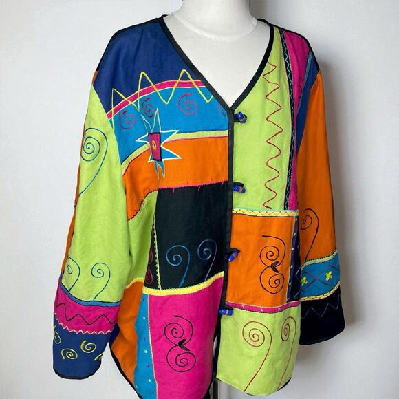 Vintage Indigo Moon Jacket 2X Lagenlook Boho Embroidered Patchwork Statement Top - Picture 1 of 5